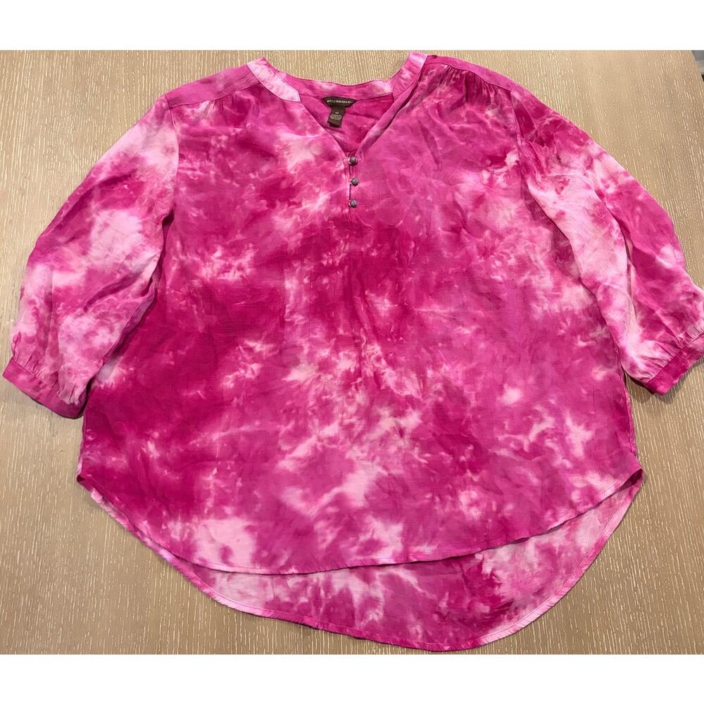 Bit & Bridle Women 2X Pink Tie Dye Blouse Rayon 3/4 Sleeve Boho Tunic Top Tiered